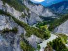 View into the canyon towards the train station Versam-Safien. Graubunden, Switzerland. Art Print